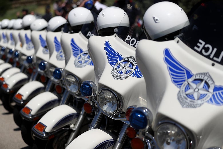Dallas police motorcycles line up outside of the funeral for slain Dallas police Sgt. Michael Smith at The Watermark Church on July 14, 2016 in Dallas, Texas.
